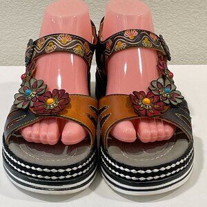 L'ARTISTE "LAGA" Slingback Flower Embellished Sandal Brown/Orange Size 9/40